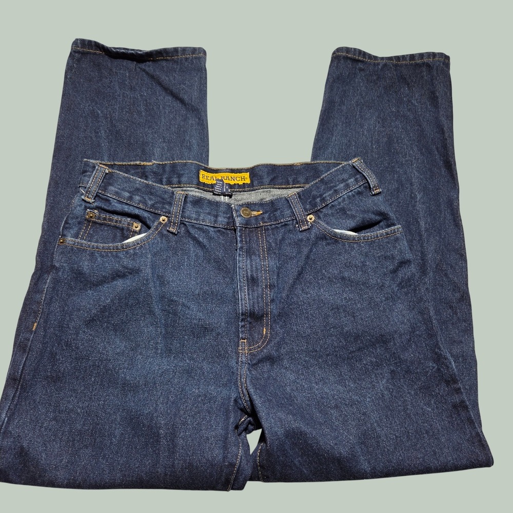 Real Ranch Mens Cowboy Jeans‎ 33x30 Dark Wash Straight Leg Denim Blue